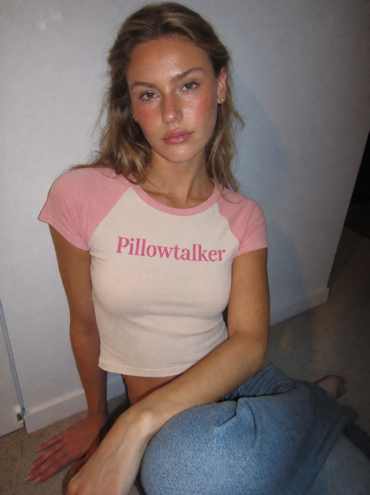 Color Block Baby Tee. pink sleeves – worn by a model