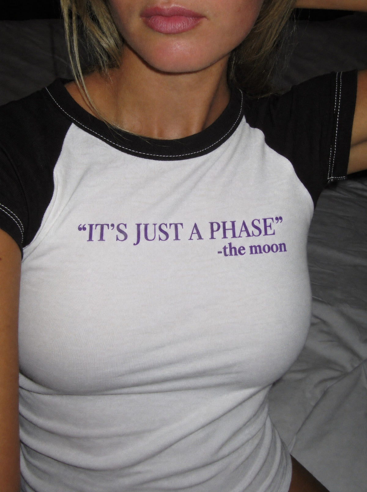 Color Block Baby Tee. just a phase – print close-up
